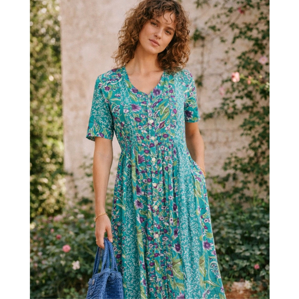 Vermont Country Store S Delightful Garden $80 Button Front Midi Dress RAYON Blue - Picture 4 of 9
